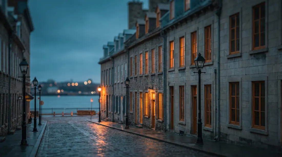 Rue de pierre du Vieux-Québec au crépuscule, avec le fleuve au bout
