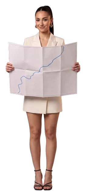 A woman unfolding a map with a river line