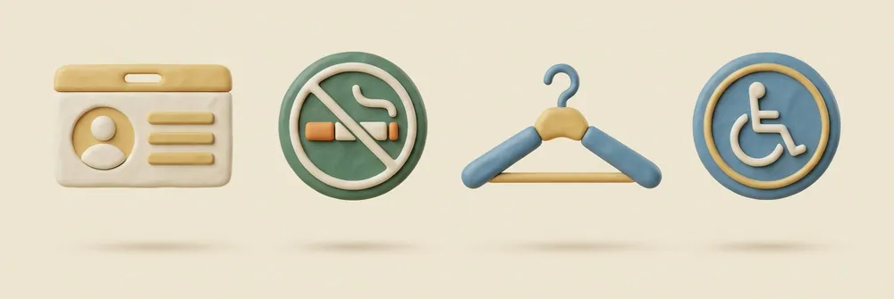 Clay icons: photo ID, no smoking, coat hanger, wheelchair